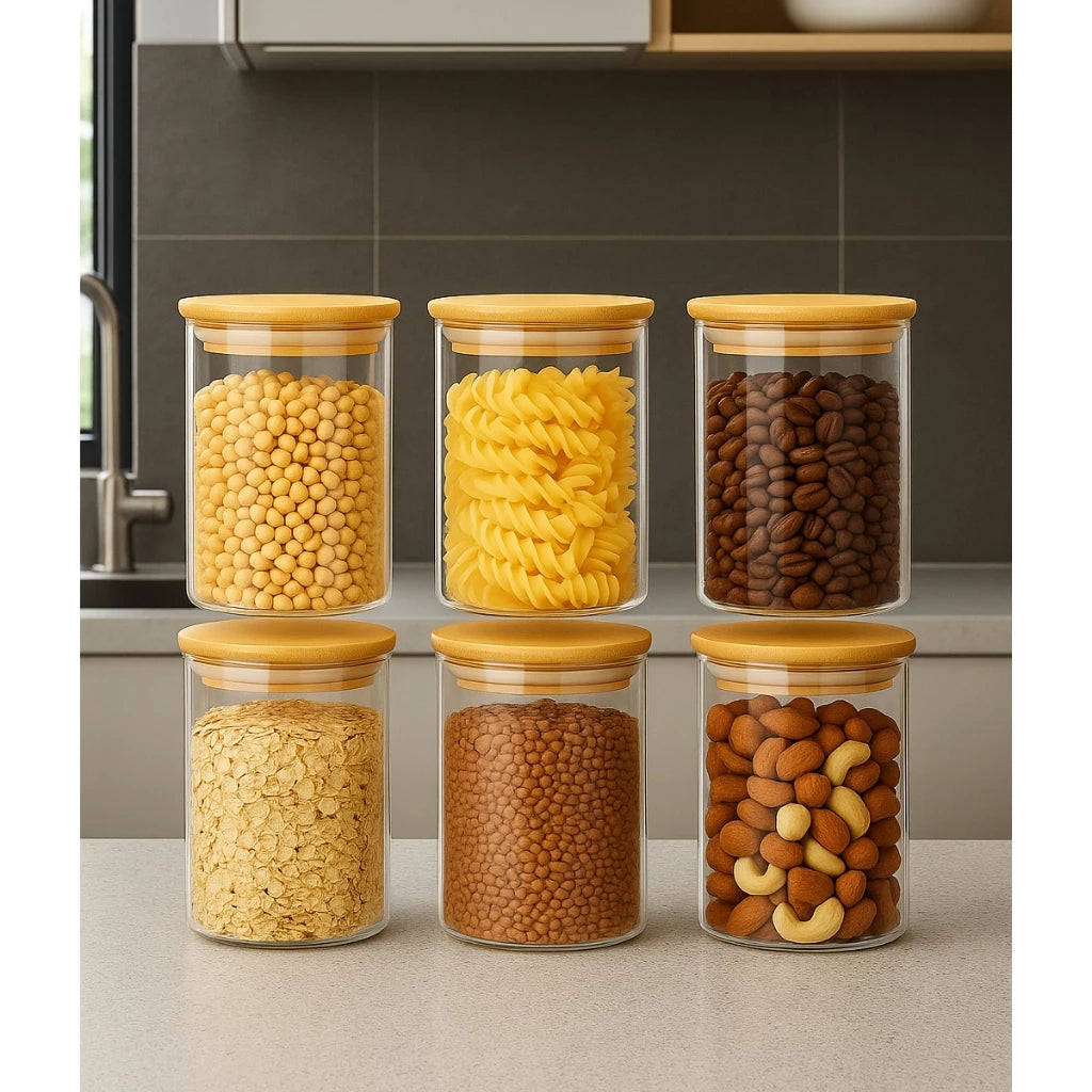 Set of 6 Bamboo Food Storage Jars with Lids, 200ml, Glass Jars for Spices