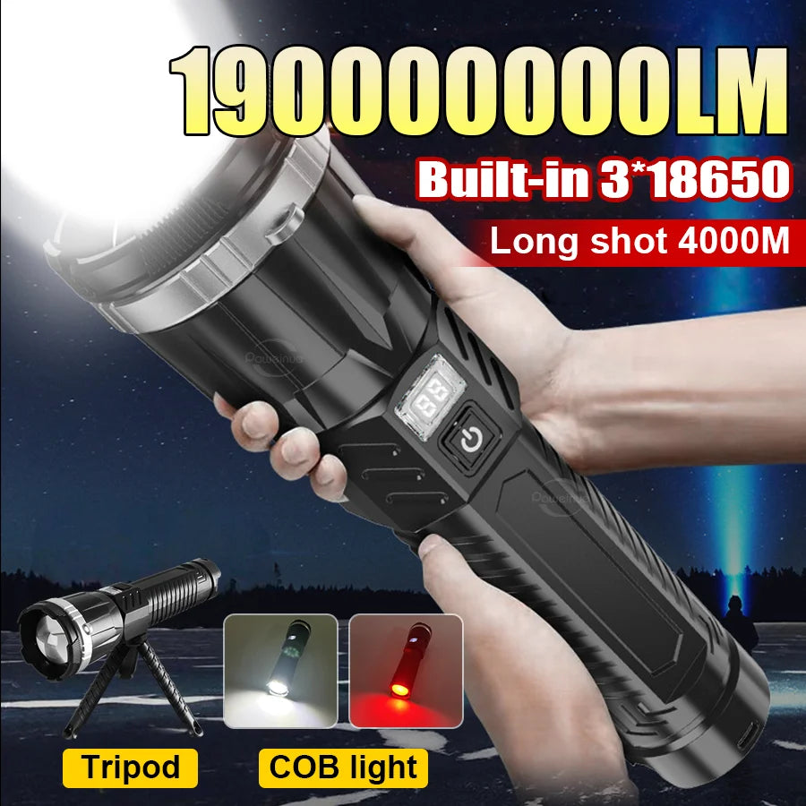 19000000LM Super Powerful Flashlight Built-in 3*18650 High Power Torch Rechargeable LED Light Big Aperture Camping COB Lantern