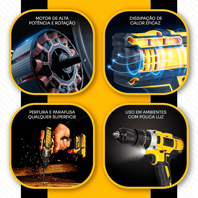 48V Cordless Impact Drill and Screwdriver 340W with Drill Bits, Black - 2 Batteries Included, Adjustable Torque and LED - Ideal for Professionals and DIYers