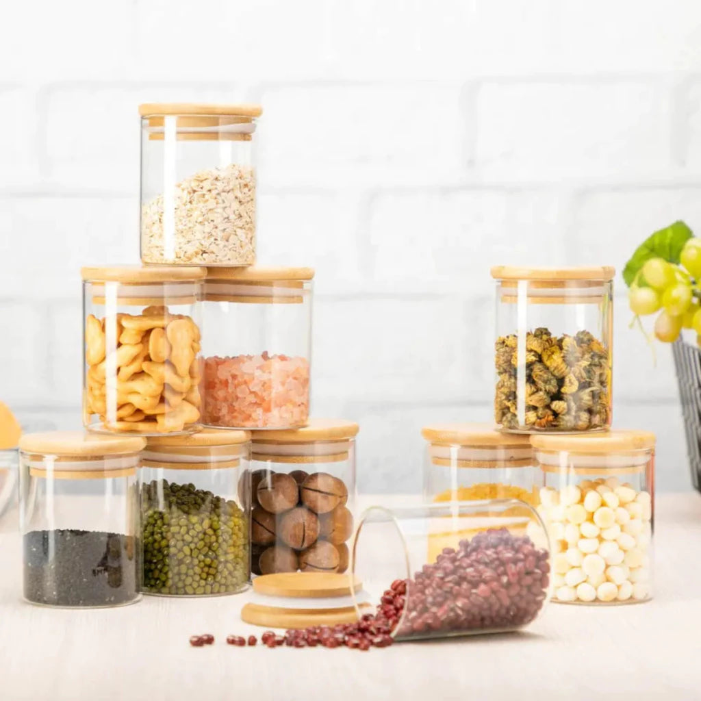 Set of 6 Bamboo Food Storage Jars with Lids, 200ml, Glass Jars for Spices