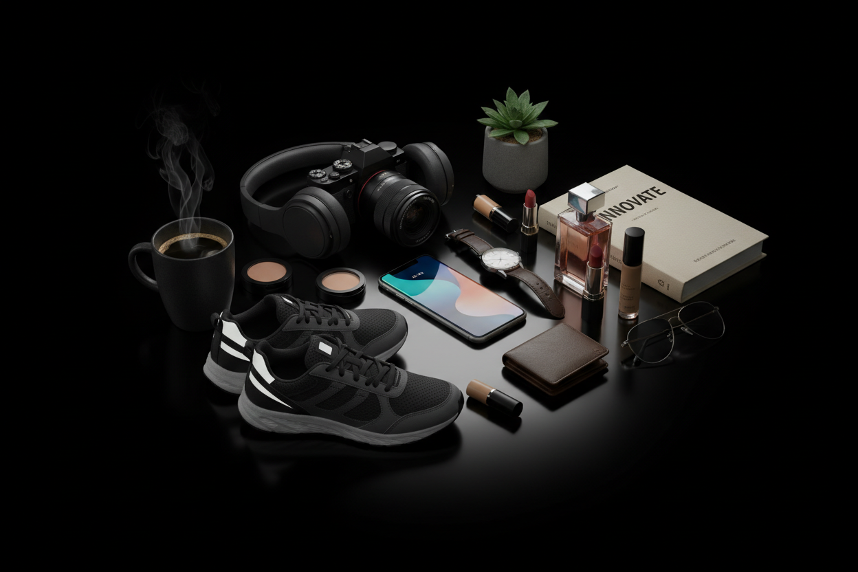 gere uma imagem com fundo preto e diversos produtos de diverssas categorias